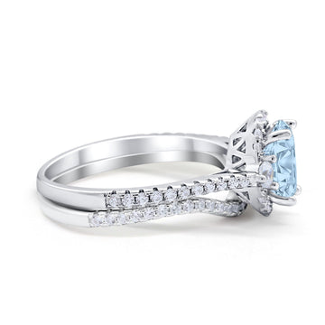 Oval Two Piece Halo Bridal Set Ring Simulated Aquamarine CZ 925 Sterling Silver